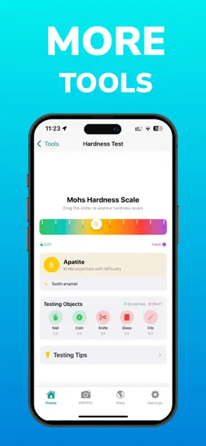 Interactive Mohs hardness scale test tool in the Rockhound app
